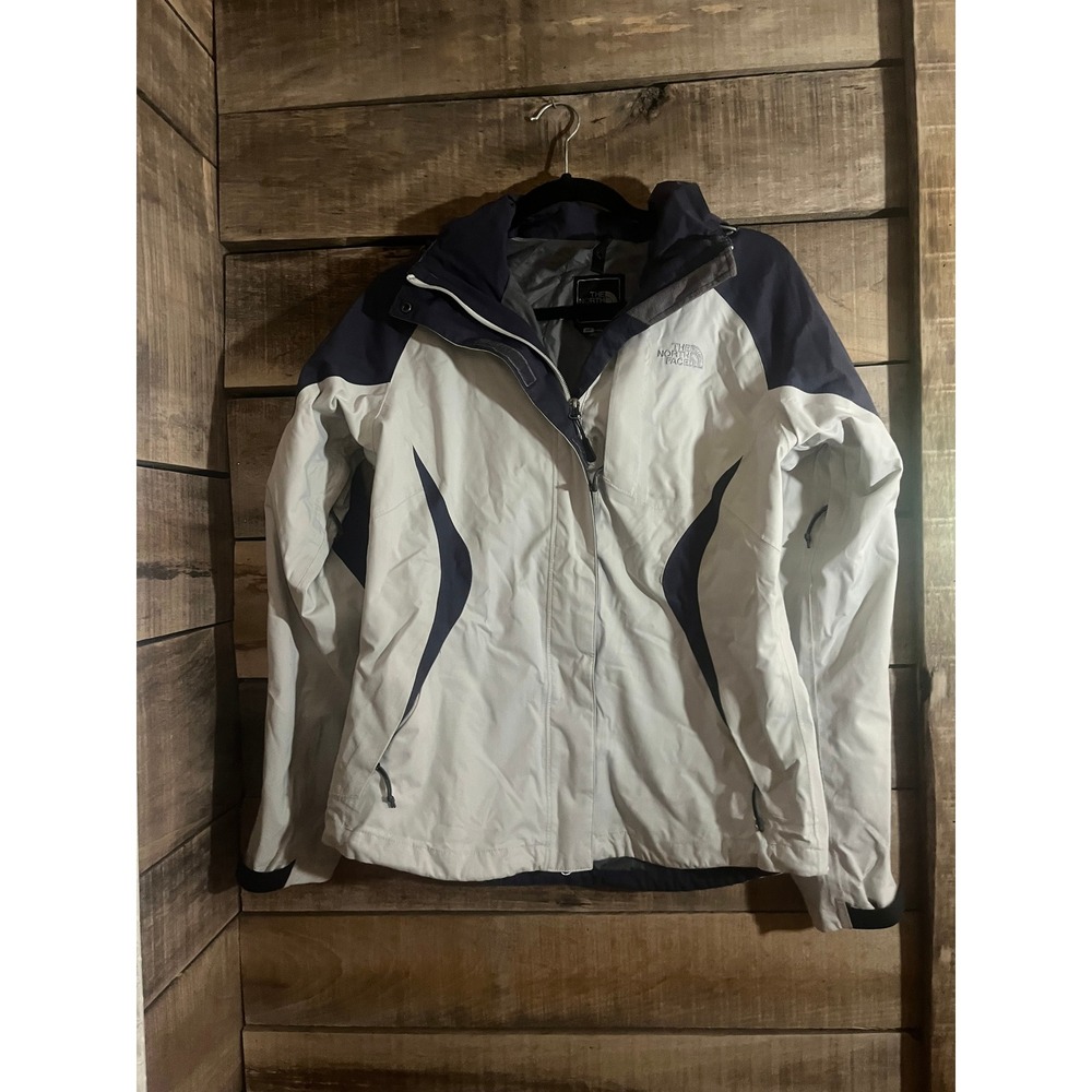 The North Face HyVent Jacket Womens Small Gray Navy Blue Waterproof Rain Shell